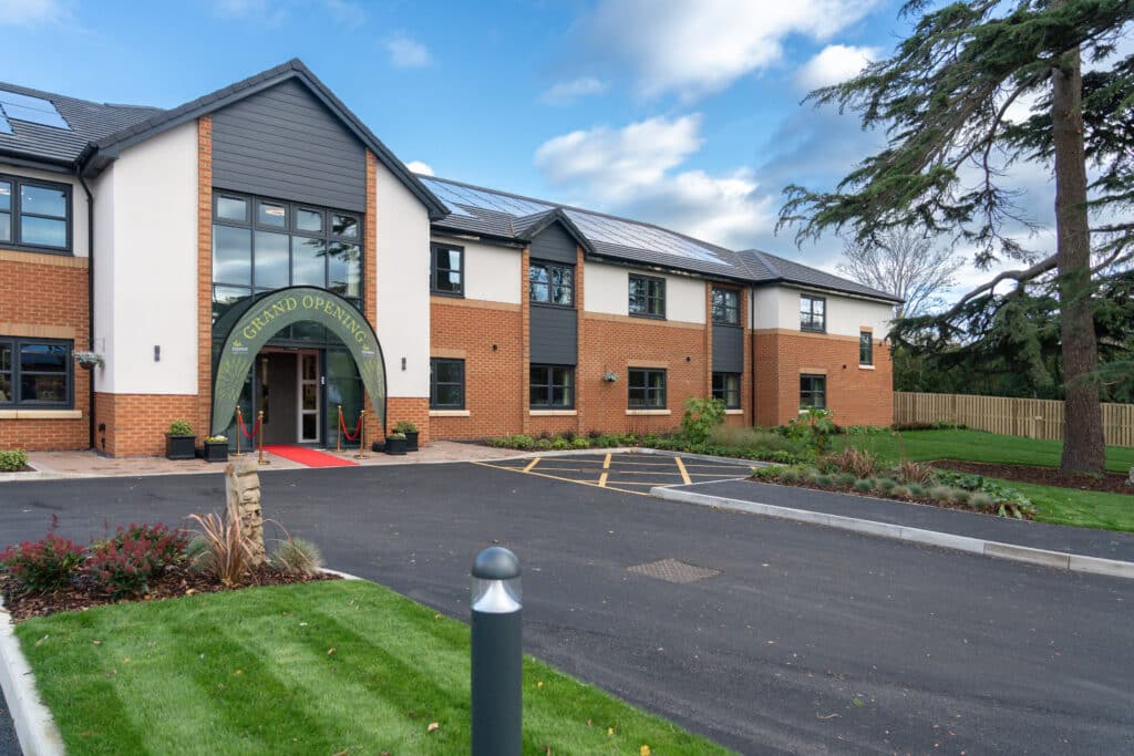 A new-build care home developed by LNT Care Developments, exterior view on opening day